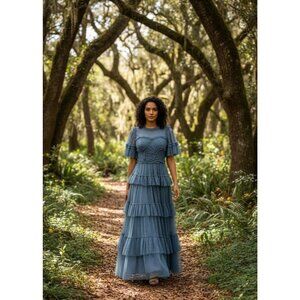 NWT Ivy City Co Whimsical Gown in Slate Embroidered Tulle Ruffled Maxi Dress M